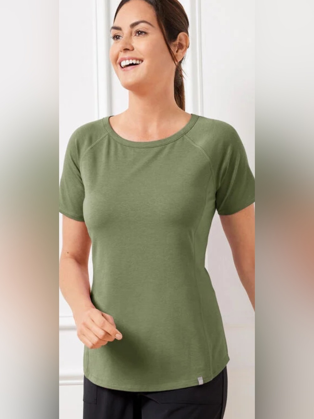 T By Talbots Tee Super Soft Jersey Olive Green Short Sleeve Curved Hem XS👍